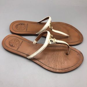 Tory Burch T logo white t-strap thong sandals
